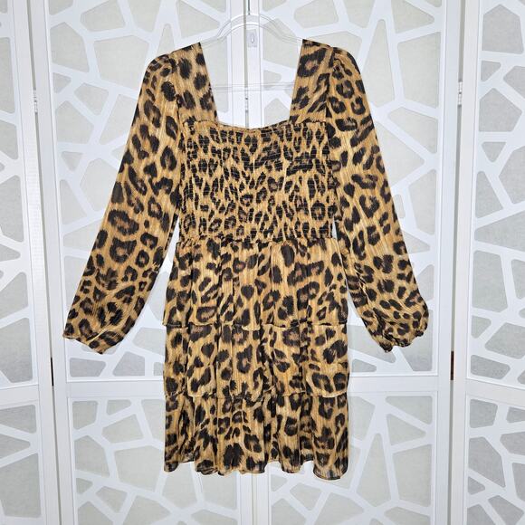 ODDI Leopard Shimmer Ruffle Tiered Puff Long Sheer Sleeves Dress Womens SZ MD - Picture 2 of 5